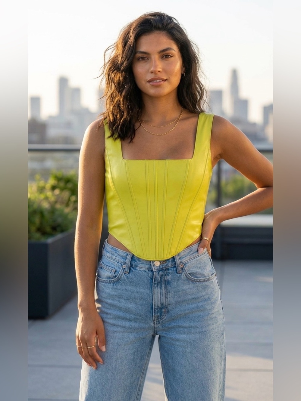 7 For All Mankind Lime Green Faux Leather Square Neck Corset‎ Top smocked back